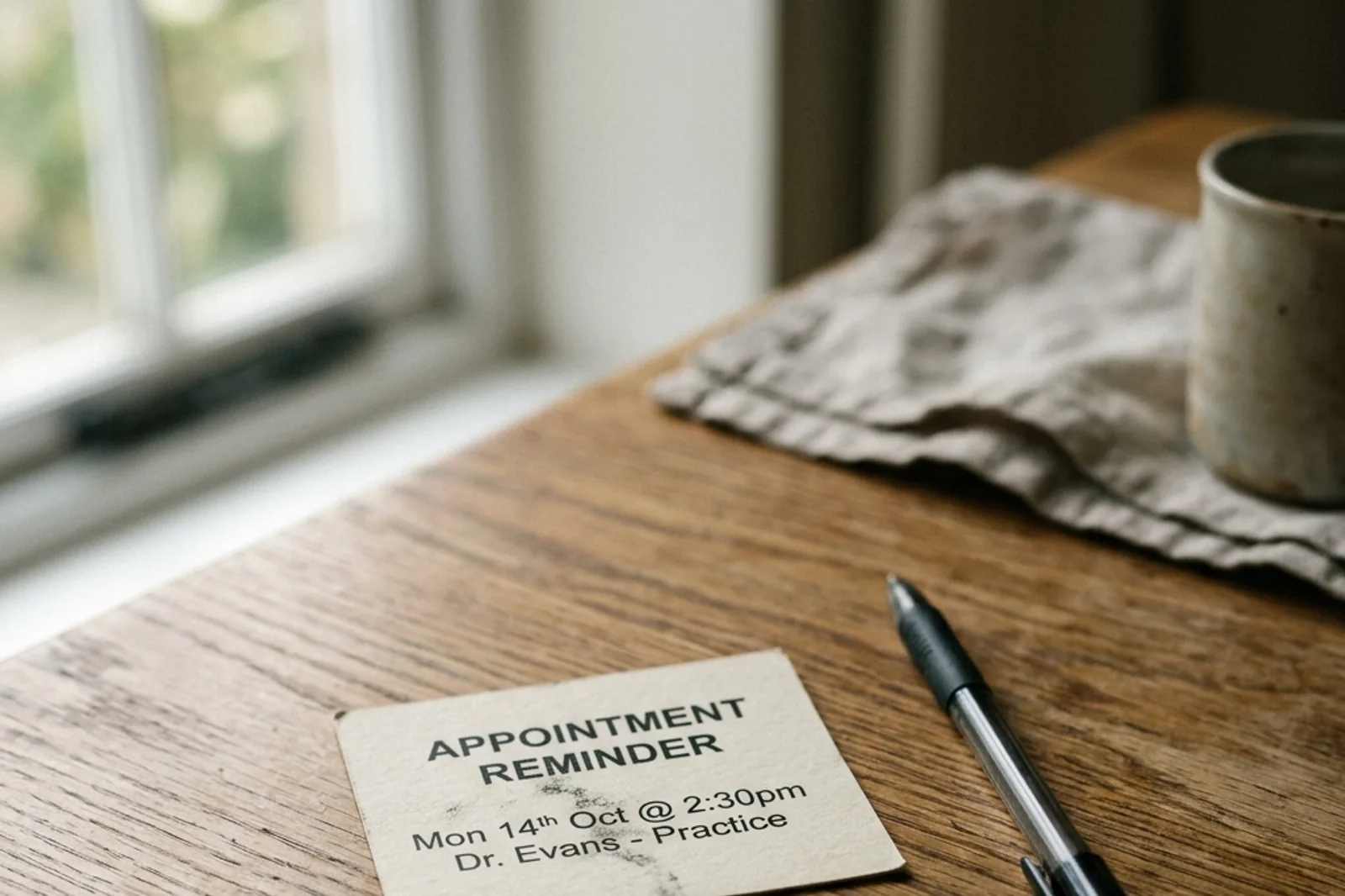 A printed paper appointment reminder card resting on a wooden table next to a pen.